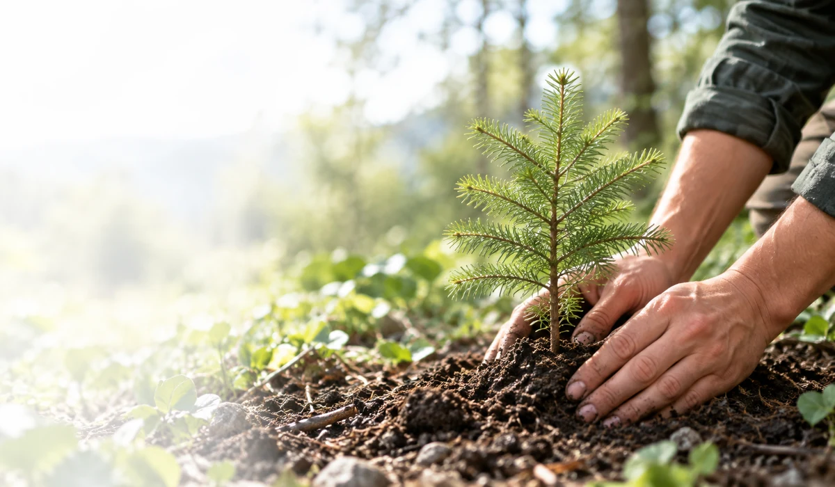 Natural hands gently settling soil around a young evergreen tree